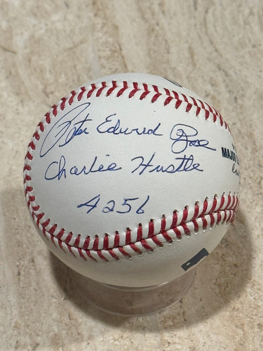 RARE Pete Rose Autographed Signed Full Name Peter Edward Rose and Inscribed "Charlie Hustle" and "4256".