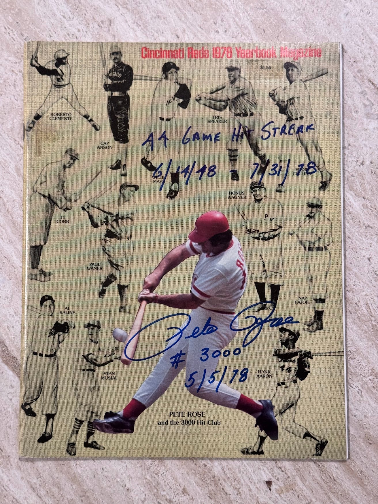 Rare Pete Rose Autographed Signed 1978 Cincinnati Reds Yearbook Inscribed with "44 Game Hit Streak 6/14/76 - 7/31/78" and "#3000 5/5/78"