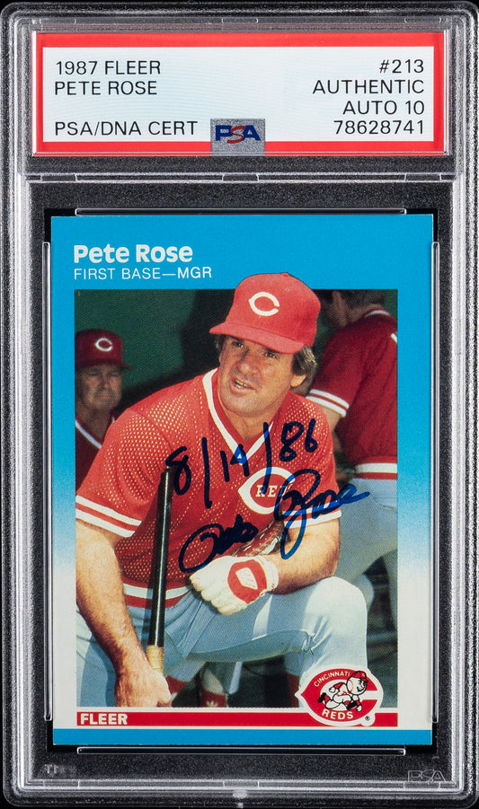 Super Rare Pete Rose Autographed Signed and Inscribed with the Date of Pete's Last Record Setting Hit "8/14/86" 1987 Fleer Baseball Card PSA Slabbed Authenticated and Graded AUTO 10