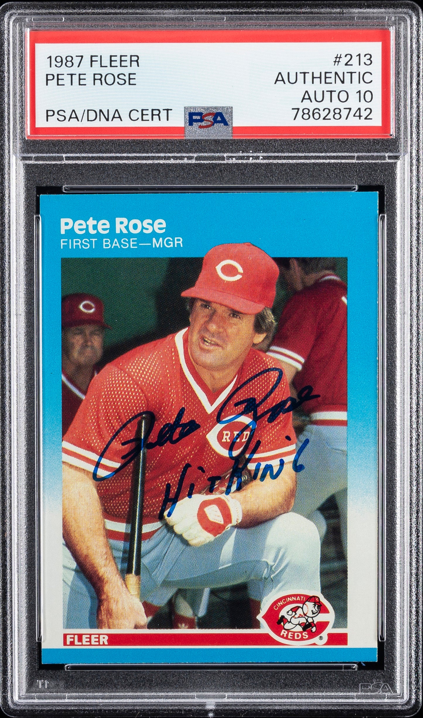 Super Rare Pete Rose Autographed Signed and Inscribed "HIT KING" 1987 Fleer Baseball Card PSA Slabbed Authenticated and Graded AUTO 10