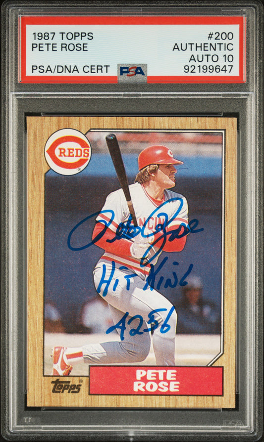 Super Rare Pete Rose Autographed Signed and Inscribed "HIT KING 4256" 1987 Topps Baseball Card PSA Slabbed Authenticated and Graded AUTO 10