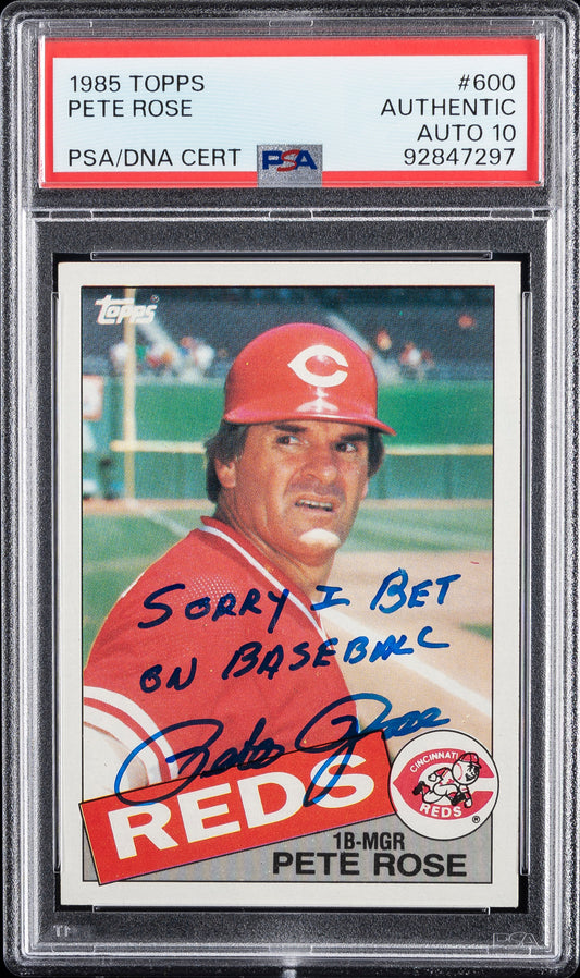 Super Rare Pete Rose Autographed Signed and Inscribed "SORRY I BET ON BASEBALL" 1985 Topps Baseball Card PSA Slabbed Authenticated and Graded AUTO 10