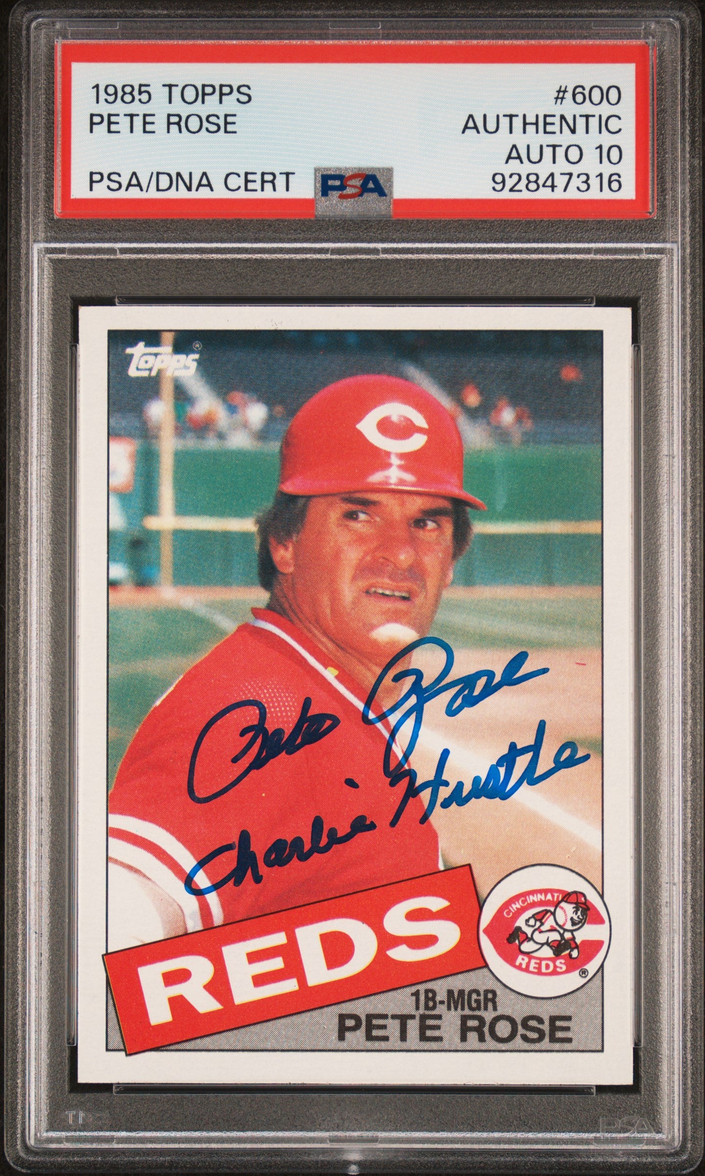 Super Rare Pete Rose Autographed Signed and Inscribed "CHARLIE HUSTLE" 1985 Topps Baseball Card PSA Slabbed Authenticated and Graded AUTO 10