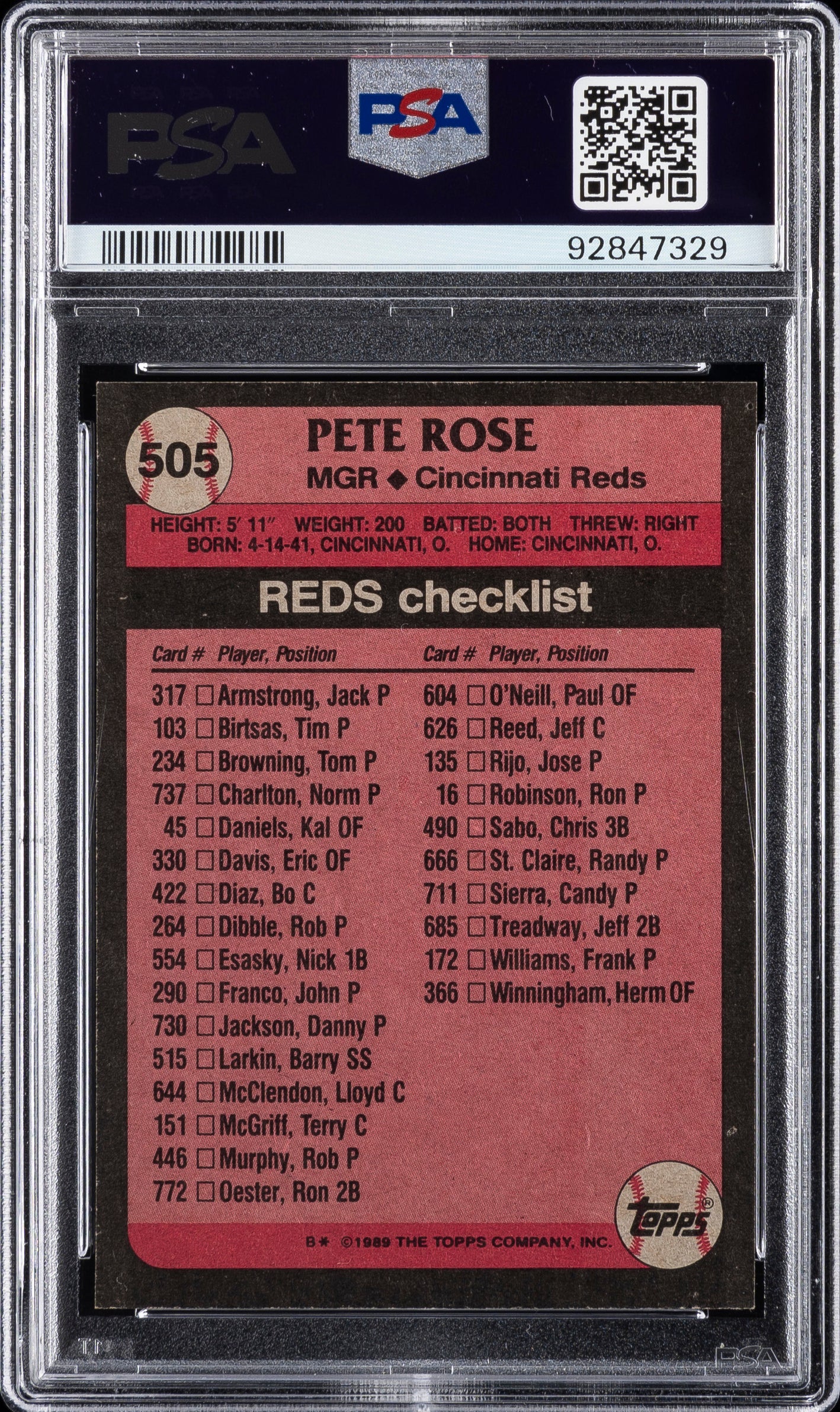 Super Rare Pete Rose Autographed Signed and Inscribed "SORRY I BET ON BASEBALL" 1989 Topps Baseball Card PSA Slabbed Authenticated and Graded AUTO 10