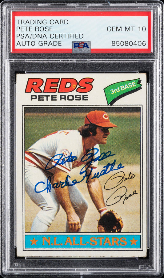 Pete Rose Autographed and Inscribed "CHARLIE HUSTLE" 1977 Topps PSA Authenticated and Graded AUTO 10