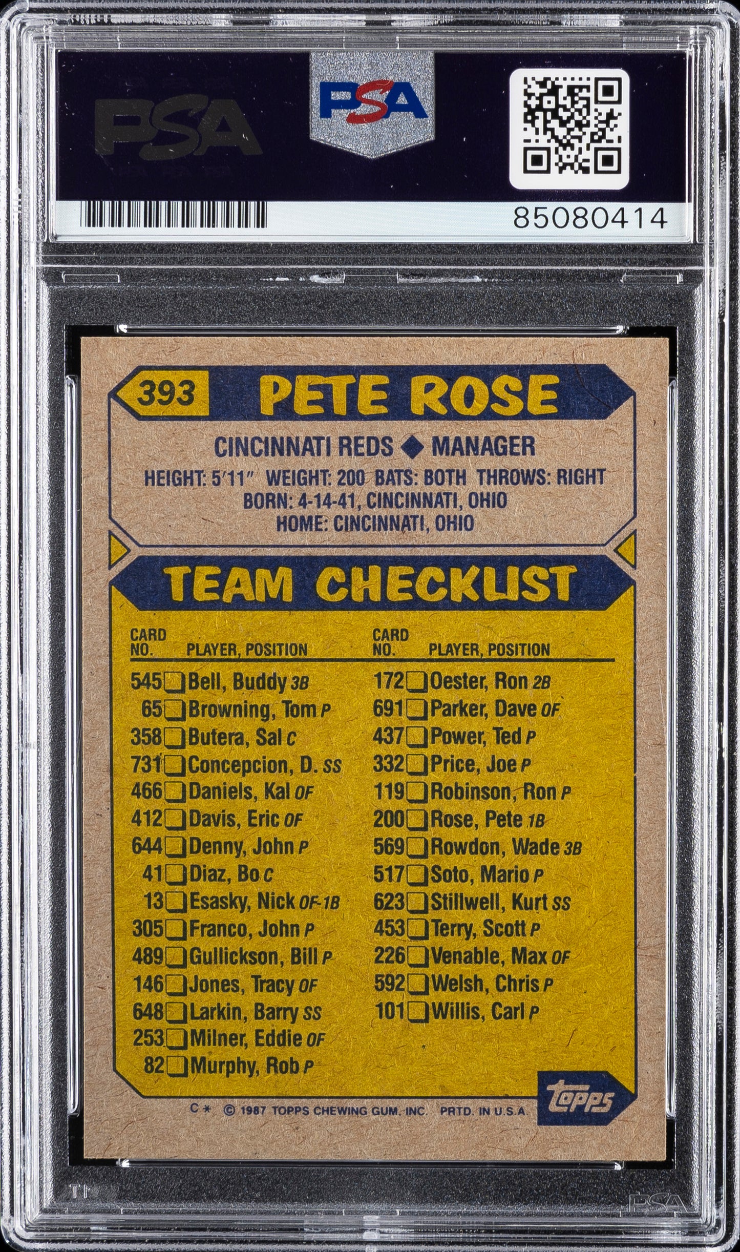 Super Rare Pete Rose Autographed Signed and Inscribed "SORRY I BET ON BASEBALL" 1987 Topps Baseball Card PSA Slabbed Authenticated and Graded AUTO 10