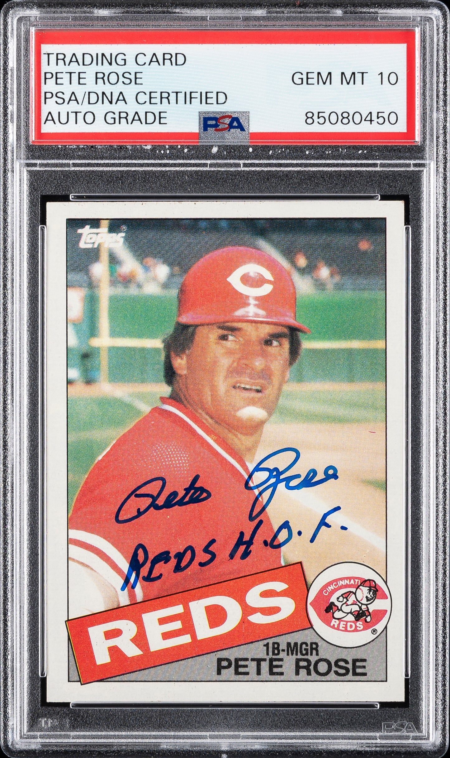 Rare Pete Rose 1985 Topps Autographed PSA Graded Card AUTO 10 Inscibed with "REDS HOF"