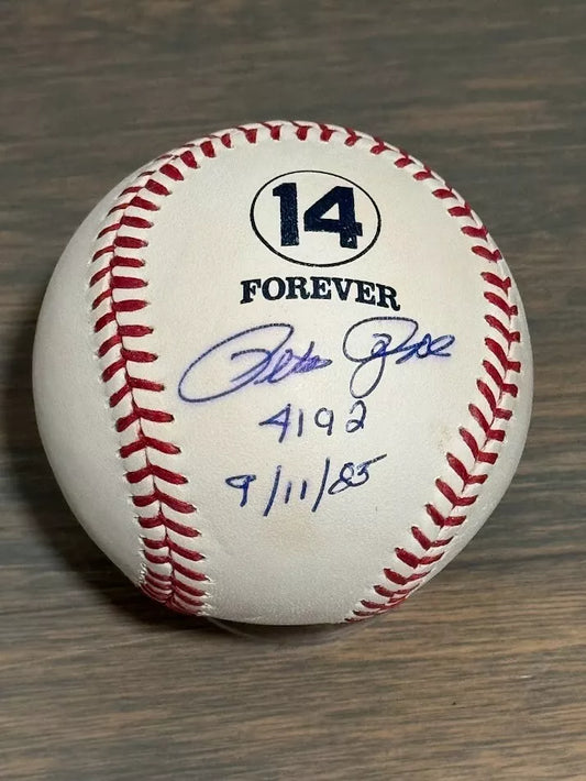 Pete Rose Autographed Rare #14 Retirement Event Baseball Signed with iconic "4192 9/11/85" inscription. Certified by JSA