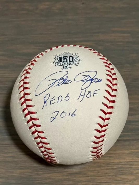 Rare Pete Rose Autographed Commemorating the 150th Anniversary of the Cincinnati Reds and Inscribed "Reds HOF 2016". Accompanied by a JSA Certification