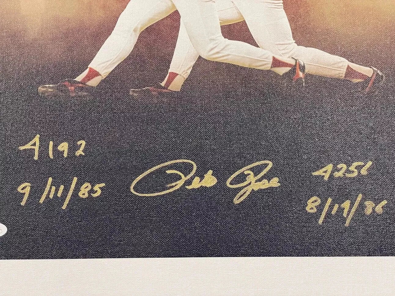 Super Rare Pete Rose Autographed 16x20 Custom Canvas Inscribed "4192 9/11/85 - 4256 8/14/86 JSA Certified