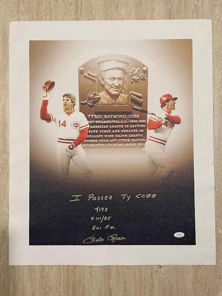 Super Rare Pete Rose Autographed Custom 16x20 Canvas Inscribed "I Passed Ty Cobb 4192 9/11/85 8:01 PM"