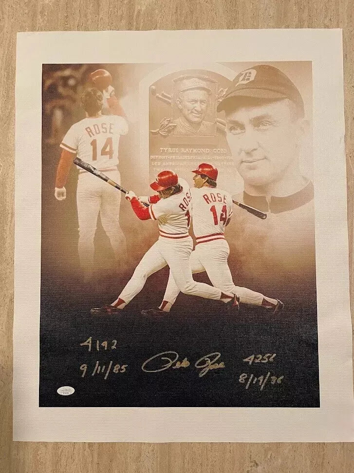 Super Rare Pete Rose Autographed 16x20 Custom Canvas Inscribed "4192 9/11/85 - 4256 8/14/86 JSA Certified