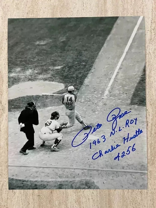 RARE Pete Rose ROOKIE Autographed Signed 8x10 Photo INSCRIBED "1963 NL ROY CHARLIE HUSTLE 4256" Black and White Batting