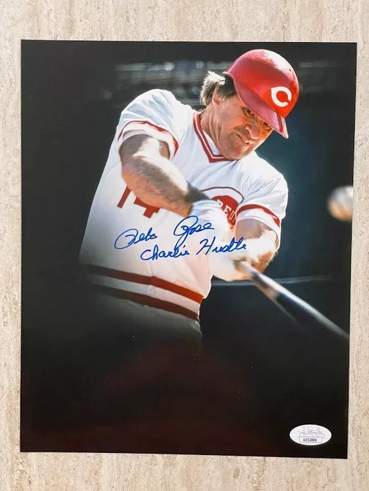 Pete Rose Reds Autographed 8x10 Photo Inscribed "CHARLIE HUSTLE" JSA Certified