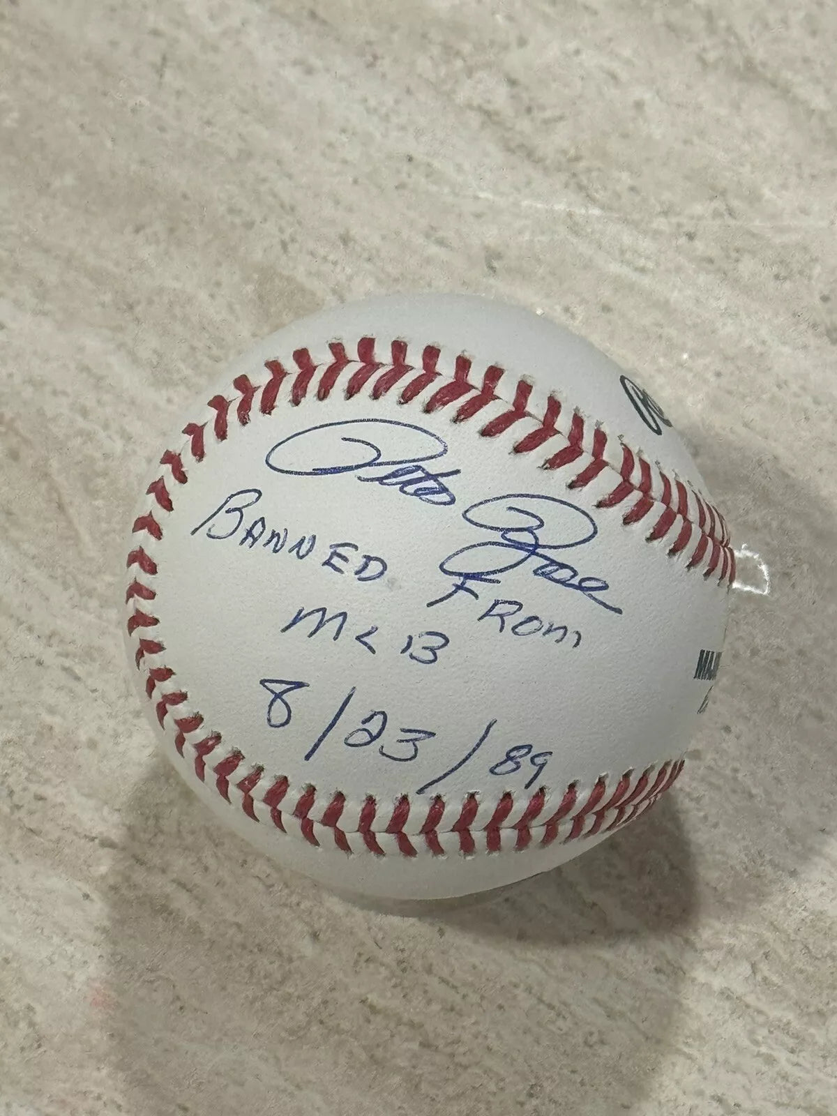 Pete Rose Autographed Signed Super Rare Inscription Banned From MLB 8/23/89 on a Rawlings Major League Baseball