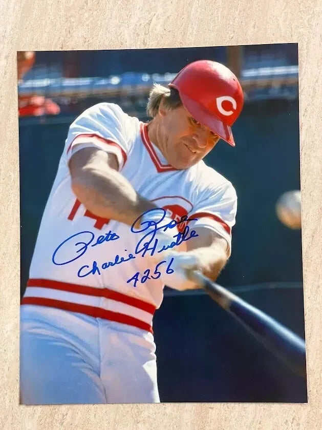 Pete Rose Autographed 8x10 Photo Inscribed "Charlie Hustle 4256"