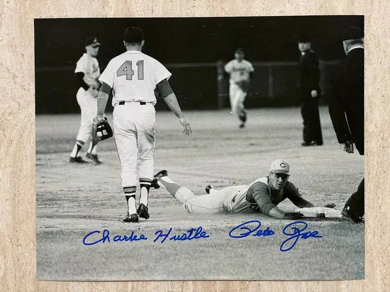 Pete Rose Reds Autographed 8x10 Photo Inscribed "CHARLIE HUSTLE" Black and White Head First Slide